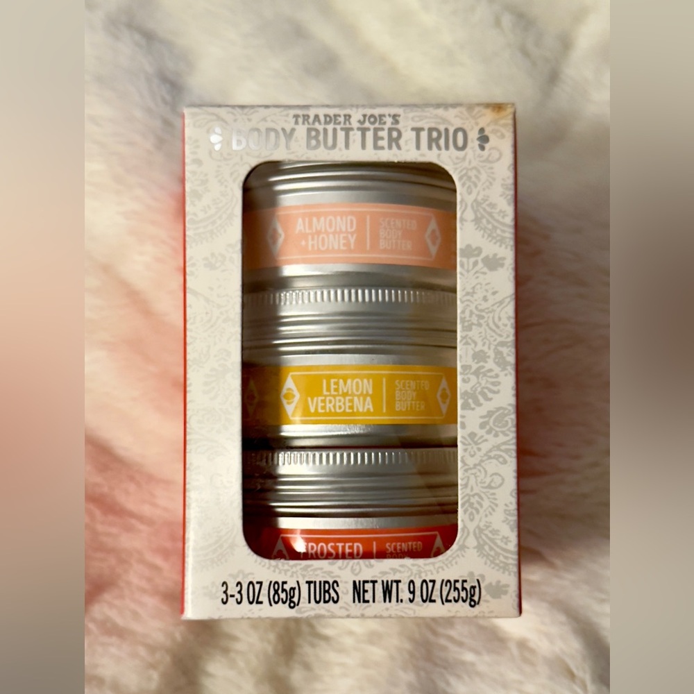 Trader Joe's Body Butter Trio
- Almond Honey, Lemon Verbena, Frosted Berry
